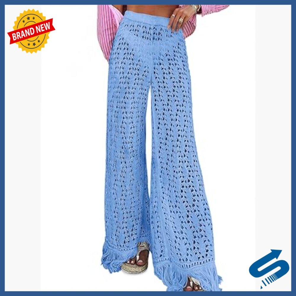 Crochet Cover Up Pants High Waisted Wide Leg Beach Mesh Bathing Suit